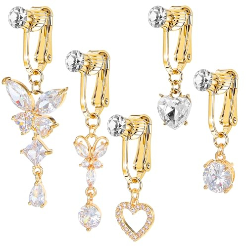 Qianyu 5Pcs Butterfly Heart Gold Fake Belly Piercing Ring for Women Earring