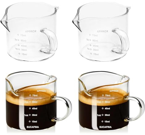 GOMETY Juego de 4 tazas de espresso con mango, 75 ml, vaso medidor de café con doble boquilla y doble escala, pequeña apertura en forma de V, vasos de espresso para barista, leche y café
