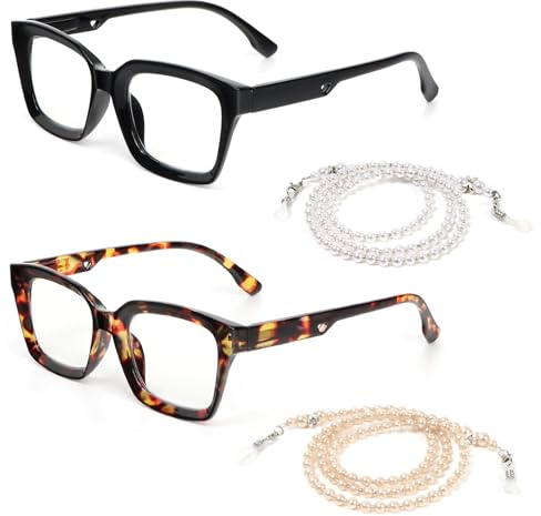 kollyseek 2 Pacco Occhiali da Lettura Donna con Perla Catena anit Luce Blu | Design della catena con perle, Si può appendere direttamente al collo,cerniere a molla resistenti, Nero+Leo, +1,50