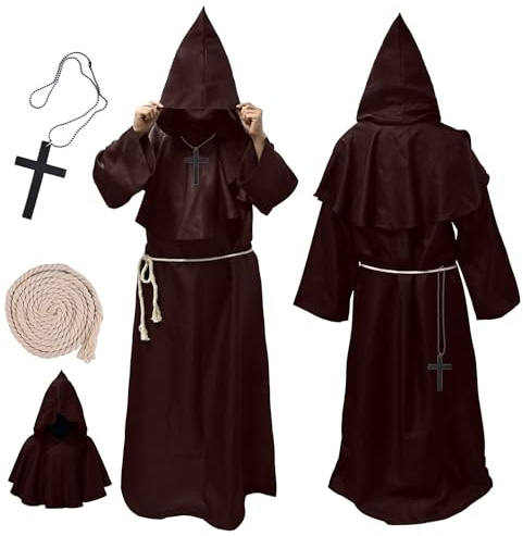 Faburo Halloween Kostüm Herren, Robe Mönch Kostüm Set mit Kapuze Kordel Kreuz, Mönchskutte für Halloween Karneval Mottoparty und Rollenspiel, Faschingskostüme Männer, Priester Mönchskostüm (L)