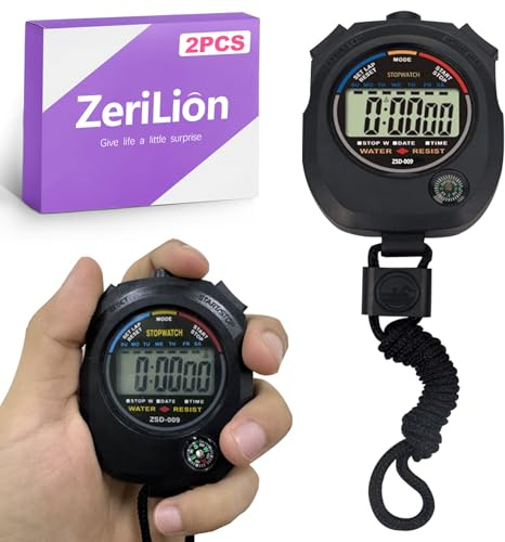 ZeriLion 2 Pack Handheld Stopwatch for Coaches and Referees, Large Clear Display, Time & Date Function, Sports Timekeeper for Training and Athletes