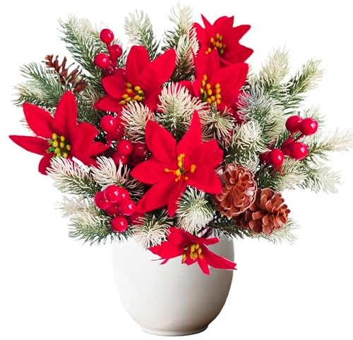 LuckyCao 6 Stück Künstliche Tannenzweige mit weihnachtsstern Kunstblumen Roten Beeren Und Tannenzapfen Weihnachten deko Blumen wie echt Weihnachtsblumen zweige für innen Außen Tisch adventskranz deko