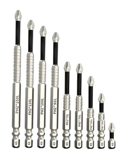 9-Pack Phillips BitsSet High Magnetic Cross Head Drill Bit, Professional Long Phillips Head Drill & Screwdriver Bit (1-6-Inch), K5 Alloy Steel, Anti-Slip, 1/4 Hex Shank, Ph2 for Impact Driver