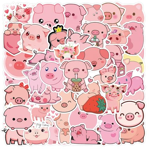 50 Pcs Pig Stickers Laptop Car Scrapbook Phone Skateboard Suitcase Luggage Bike Pig Vinyl Waterproof Aesthetic Personalised Stickers for Teens Boys Girls Adults