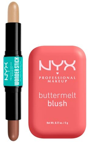 NYX Professional Makeup Duo Contouring Wonderstick 02 Universal Light a Doppia Punta Scolpisce Illumina 8g + Buttermelt Blush Feeling Butta in Polvere con Burro di Mango Mandorle Karité 5g - Set da 2
