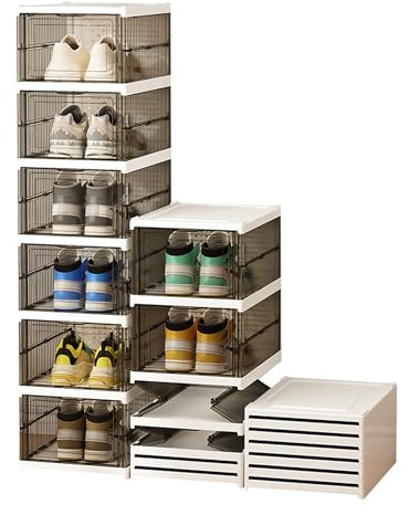 Furnestorica Faltbare Schuhboxen 6er Set, Stapelbar & Platzsparend, Transparente Klapptür, Stabiler Kunststoff Schuhregal, Ohne Montage, Für Sneaker bis Größe 46, Grau