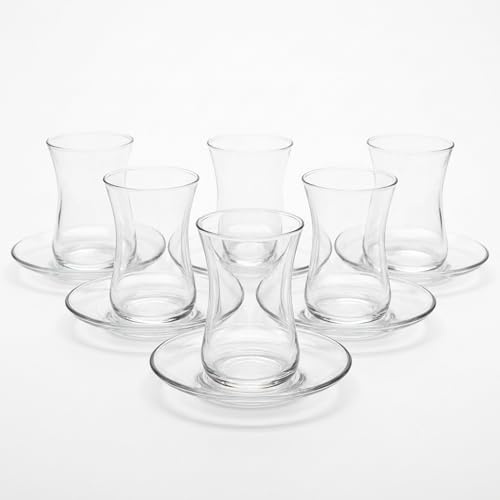 Der-Porzellan-Laden by Pasabahce Heybeli Türkische Teegläser mit Untertassen 160 ml, 6er Set, Tee Gläser aus Kristallglas, spülmaschinengeeignet
