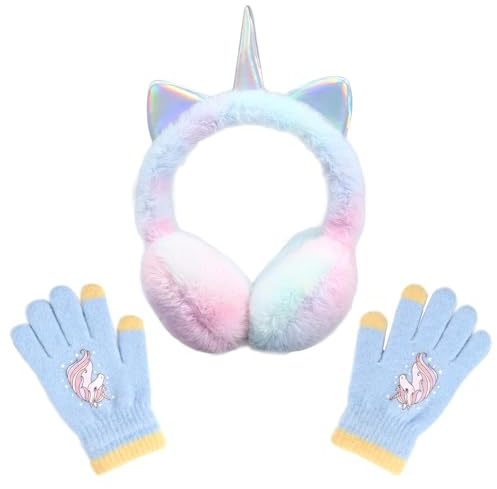 EDLMKM Unicorn Earmuffs for Kids, Ear Muffs, Winter Kids Earmuffs Warm Ear Cover For Girls Children, Winter Warm Adjustable Fluffy Ear Warmers for Girls, for Kid Xmas Birthday Gift（Blue）