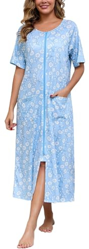 Rubehoow Dressing Gown Robe for Women Short Sleeve Zipper Robe Full Long Lounge Mumus Nightgown with Pockets