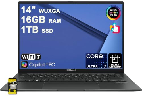 ASUS Zenbook 14 Laptop 14 WUXGA OLED Touch (500nits HDR, 100% DCI-P3) Intel 16-core Ultra 7 255H (>Ultra 9 185H) 16GB RAM 1TB SSD Fingerprint Creator Business Professional Win11 ICP Hub Copilot AI