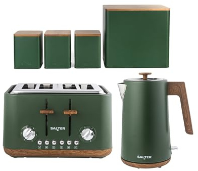 Salter Toronto Countertop Set, 4-Slice Toaster, 1.7L Kettle, Green | 6 Browning Levels, Wide Slots, 3kW Rapid Boil, Removable Limescale Filter, Carbon Steel Bread Bin, Matching Canisters