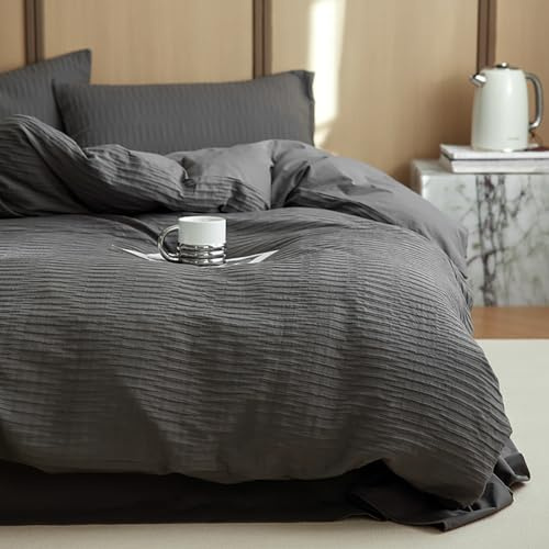 Seersucker Bettwäsche 140x200 Grau Chic Bettbezug mit Kissenbezug 70x90 | Sommerbettwäsche Set, Modern, Kühlende, Strukturiert, Sommer, Atmungsaktiv, Leicht, Microfaser, Reißverschluss, Einzelbett