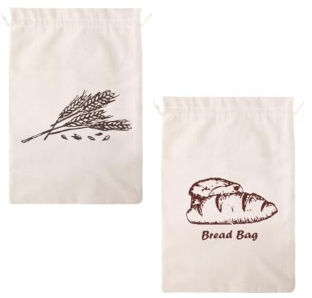 Lotsdonxia Cotton Bread Bags, Drawstring Closure Set of 2 | Reusable grey and wheat bread storage, 30×45 cm, for kitchen counter and homemaking, hand washable