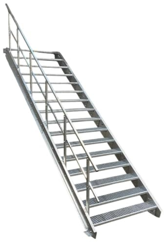 16 Stufen Stahltreppe mit einseitigem Geländer/Breite 90cm Geschosshöhe 274-340cm / Robuste Außentreppe/Wangentreppe/Stabile Industrietreppe für den Außenbereich/Inklusive Zubehör