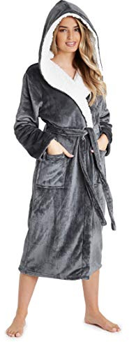 CityComfort Robe de Chambre Femme en Polaire Douce - Peignoir Long Capuche Adulte (Gris Foncé, S)