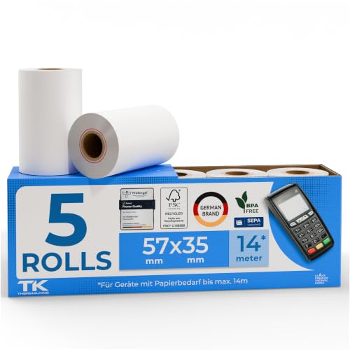 THERMALKING EC Cash Rollen Thermopapier 57mm x 35mm x 12mm - Thermorollen 57x35x12 für EC & Kredit-Kartenlesegeräte - Bonrollen mit SEPA-Lastschrifttext - Für Systeme bis 14m Papierbedarf (5 Stk)