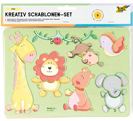 folia 40611 – Creative – Zoo Stencils, 6 Stencils Including Colouring Templates, for Painting Various Animals, Easy to Use with Colouring Pencils, Felt-Tip Pens and Markers
