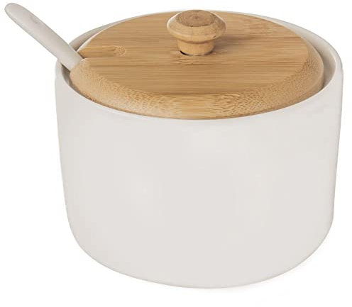 orion group - Zuckerdose mit Deckel und Löffel - Höhe 6,5 cm - Weißes Porzellan und Bambusholz - Zuckerpott - Modern Zuckerbehälter - sugar container