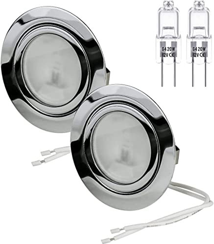 oniroview Set di 2 faretti con lampada alogena da incasso per mobili e cappa cucina cromato lucido, dimmerabili, con lampadina bispina 12 V 14 Watt resa da 20W, G4 cavo di collegamento 15 cm