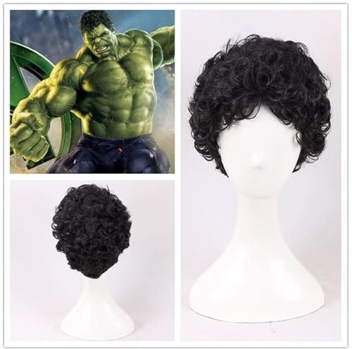 Wig for Superheld The Incredible Hulk Cosplay Perücke Plant Hulk Robert Bruce Banner Curly Black Kunsthaar für Erwachsene + Perückenkappe schwarz