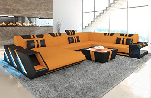 Sofa XXL Wohnlandschaft Apollonia U Form Stoffsofa - mit LED Beleuchtung, verstellbare Kopfstützen, Recamiere/Mikrofaser/Ausrichtung wählbar (Ottomane Links, Apricot-Schwarz C87)