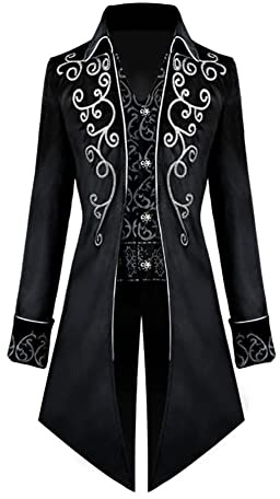 OBEEII Men's Gothic Tailcoat, Steampunk Vintage Coat, Medieval Frock Coat Jacket, Victorian Carnival Costume, Cosplay, Formal and Elegant, Black, 2XL