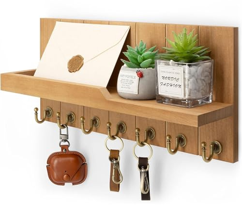 Rebee Vision Decorative Key Holder for Wall Shelf - Farmhouse Wood Wall Hanging Mail Organizer with 7 Sturdy Key Hooks for Home Entryway Decor - Stylish Key Racks (Light Brown,15-inch)