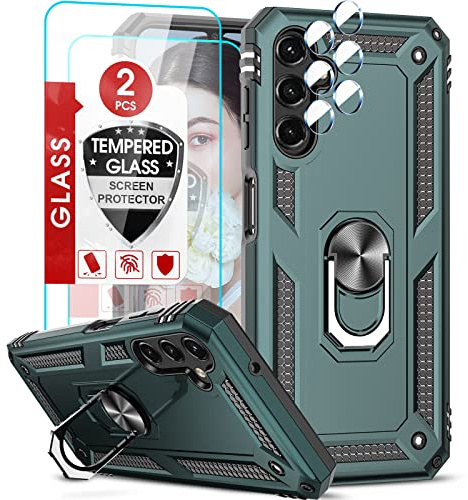 LeYi Hülle für Samsung Galaxy A14 5G/A14 4G Ringhalter Handyhülle mit 2 Hartglas Handyfolie 2 Kamerafolie, Robust Fallschutz Schutzhülle Stehfunktion Case Eckenschutz Handy Hüllen Outdoor Cover Grün