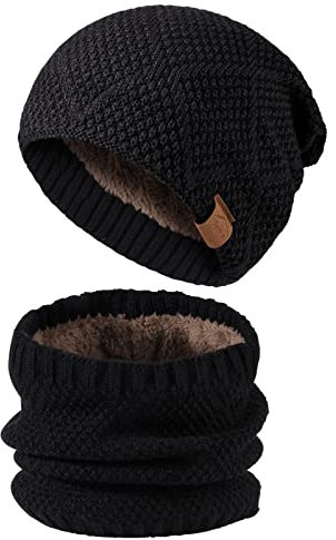 TAGVO Herren Mütze Schal Set Lässige Beanie Strickmütze, Wintermütze Winterset Strick Beanie Wolle Loop Schal mit Dicke Fleecefutter Schwarz