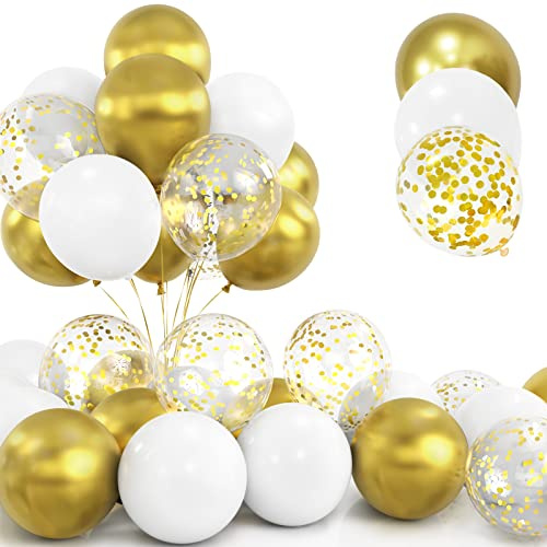 30Pcs Palloncini Oro, 12 Pollici Bianchi e Oro Metallizzato Cromati Confetti Lattice Elio Palloncini con Nastroper Compleanno Matrimonio Bambini Baby Shower Feste Decorazioni