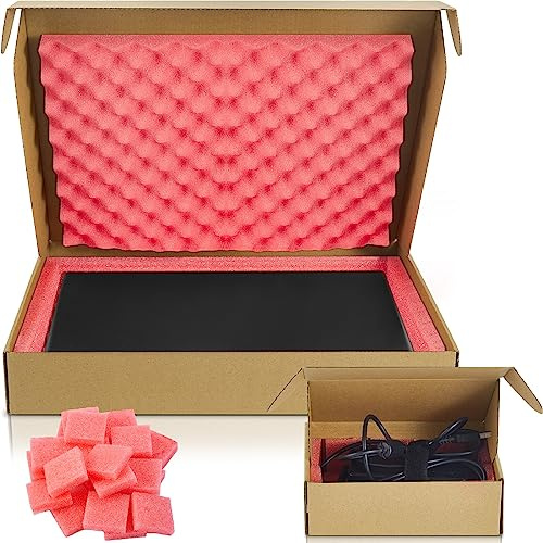 1 Set Laptop Shipping Box with Foam Protection Computer Mailing Box up to 17 Inch with Charger Boxs, Foam Frame, Foams Sheets Padding Kraft Secure Mailing Boxes for Packing Moving 16.7x13x2.5 Inch