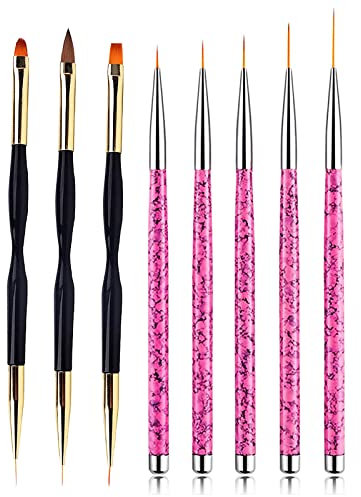 8 Teilig Nägel Pinsel Pinselset, 5 pcs Profi Detail Fine Nails Gel Nails Rosa Brush, 3 pcs für schwarz Nailart Gelnägel Pinsel Set für UV Gel und Acrylfingernägel Nagel Kunst Malerei Zeichnung Pinsel