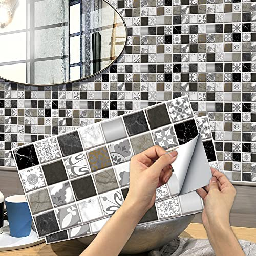 Alwayspon 12Pcsx30cmx15cm/12inchx6inch, Gray Black Mosaic Marble Tile Sticker, Peel and Stick Backsplash Wall Tiles Sticker for Kitchecn Bathroom, Self-Adhesive Vinyl Tile Transfers Stick on Tiles