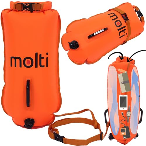 molti 2in1 aufblasbare Schwimmboje und Trockensack 15L 28L Pull Boje für Erwachsene Baywatch Boje Orange Sicherheit beim Schwimmen Open Water und Triathlon (BA002, Orange, 28 L)