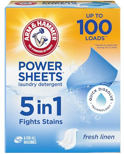 Arm & Hammer Power Sheets Laundry Detergent, Fresh Linen 50ct, up to 100 Small Loads (Packaging may vary)