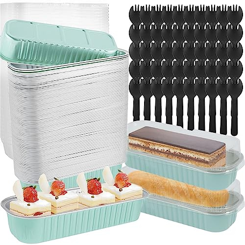 50Pack Mini Loaf Pans with Lids and Spoons, 200ML Aluminum Foil Baking Pans, Reusable Mini Loaf Tins, Heat-Resistant Narrow Cake Pans Cupcake Cases for Mini Brownie Cake Bread(Kafan)
