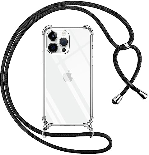 Pnakqil Coque pour iPhone 15 Pro Max avec Cordon, Transparente Silicone Housse avec Réglable de Collier Anti-Chute Etui pour iPhonePro Max, Ètuis à Bandoulière, Noir