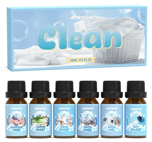 ARVIDSSON Clean Essential Oils Set, Natural Fragrance Oil for Diffuser, Soap Making - Fresh Linen, Clean Home, Fresh Cotton, Soft Powder, Blossom Soap, Lemongrass, Refreshing Scented Oils for Home