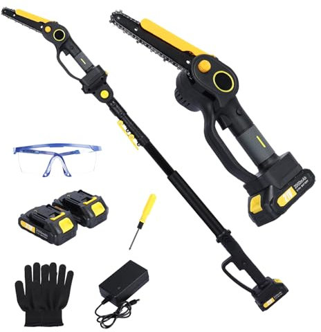 Mini motosierra con batería, 2 x 2000 mAh, motor sin escobillas, podadora 2 en 1 y motosierra eléctrica de 6 pulgadas, sierra de podar telescópica, 2 cadenas, con mango telescópico de hasta 4,3 m de