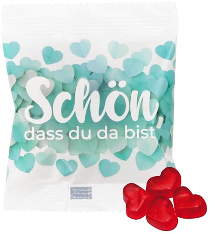 Gastgeschenk Tütchen 25x10g Herzen Fruchtgummi Schön dass du da bist | gefüllt mit echten Herzgummibärchen mit 10% Fruchtsaft, Kleinigkeiten für jeden Anlass, Geburtstag, Hochzeit, Taufe, 250g