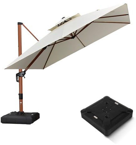 PURPLE LEAF Holzoptik 300 × 300 cm Ampelschirm mit Ständer Alurahmen Cream | Doppeldach-Belüftung, Verstärktes Standrohr, Stabil & Windfest, Drehen mit Fußpedal & Neigen mit Kurbel, Leichte Anpassung