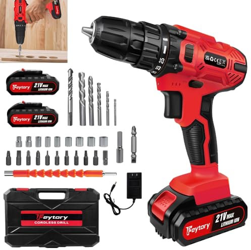 Akku Bohrschrauber mit 1.5Ah Akku, 21V Akkuschrauber Set, 25+1 Drehmomentstufen, 45Nm Drehmoment, Akku Schlagbohrschrauber mit 2-Gang, LED-Licht, Akku Bohrmaschine mit 26tlg Zubehör für DIY Projekt