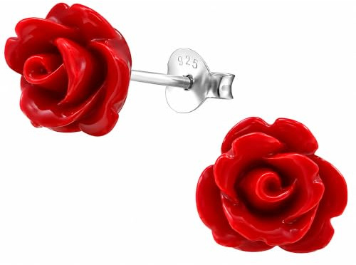 Zenvie Pendientes rosa roja, plata de ley 925, romántico | plata de ley 925, 8x8 mm, sin níquel, caja de regalo, rosa roja esculpida