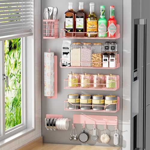 Magnetic Spice Rack for Refrigerator,8 Pack Magnetic Fridge Shelf for Kitchen，Moveable Spice Organizer with Hook Rack, Paper Towel Holder, Utensil Holder,cup lid holder，Super Magnetic Rack Set Pink