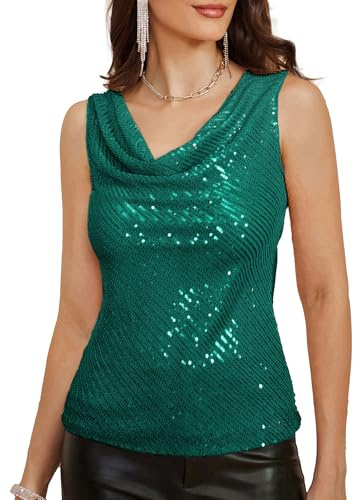 GRACE KARIN Ladies Casual Lockere Passform Übergröße Bequemes Glänzendes Pailletten Top Elegant Vintage Wasserfall-Ausschnitt Oberteil Grün S