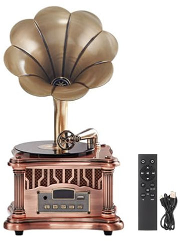 Gramófono vintage con BT, tocadiscos retro con sonido estéreo, fonógrafo de radio FM USB vintage para hogar/bar/banquete,A