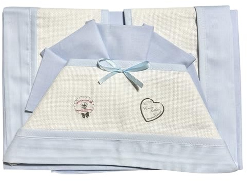 Baby-Bettlaken mit Aida-Stoff, ideal als Geschenk. Set bestehend aus 3 Teilen, Oberlaken, Bettlaken und Kissenbezug. 100 % Baumwolle, Größe 120 x 180 cm, hergestellt in Italien
