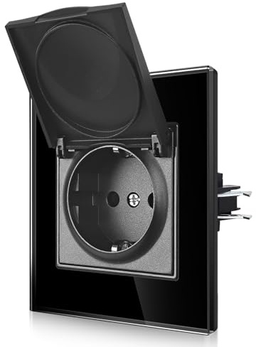 CNBINGO Wasserdicht Steckdose mit Deckel und Krallen, 1-Fach Schwarz Glas | Wassergeschützt Wandsteckdose mit Klappdeckel, Schuko Steckdose Unterputz mit Kindersicherung, EU-Standard, Glasscheibe
