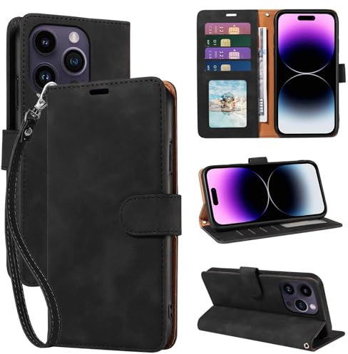 GOTOURED for iPhone 14 Pro Phone Case Wallet, RFID Blocking 4 Card Slots, Wrist Strap, Kickstand, Magnetic Closure, Shockproof Protective Soft Leather Flip Cover (Black)