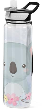 Mnsruu Transparente Sport-Wasserflasche mit Strohhalm, auslaufsichere Trinkflasche, niedliche Koala-Tiere, Fahrradflaschen für Sport, Büro, Schule, BPA-freier Tritan-Kunststoff, 1 Liter